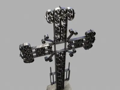 Fenced Grave With Massive Cross Low-poly 3D model