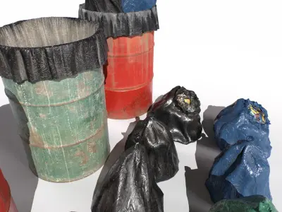 Drum trash can and trash bags Low-poly 3D model