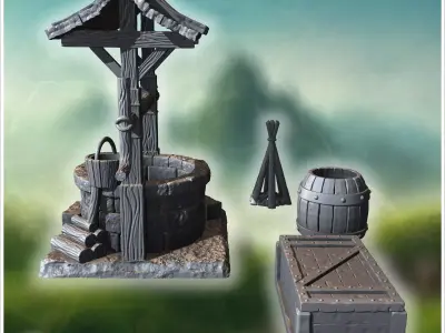 Wooden well with detailed roof bucket and surrounding barrels cr 3D print model