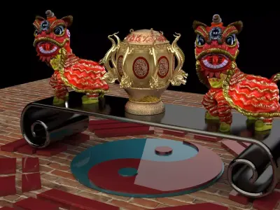 Chinese Lion Dance Figure with Ancient Bronze Seismoscope Low-poly 3D model