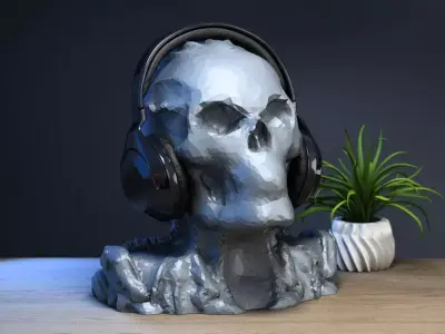 Low-poly Robot Skull Headphone Stand Cyborg Headset Stand 3D print model