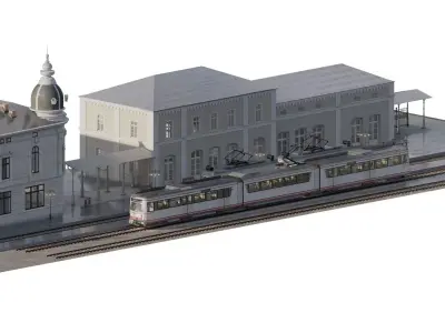 VINTAGE TRAM STATION WITH TRAMS 3D model
