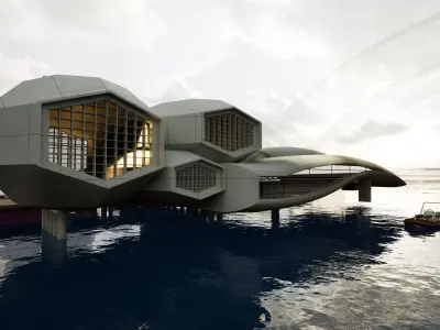 Futuristic Hexagonal House  Concept on Water 3D Model Low-poly 3D model