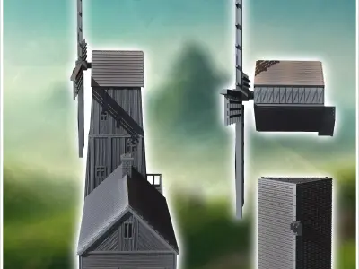 Set of wooden mill on a square base with an annex farm building  3D print model