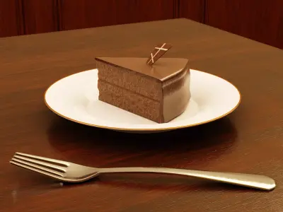 Chocolate Cake with Plate and Fork Free 3D model