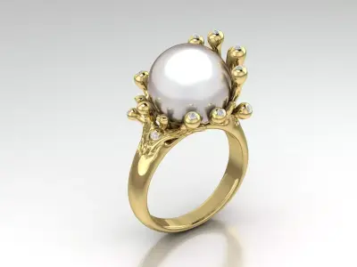 Ring 3D print model gold with pearl and diamonds 3D print model