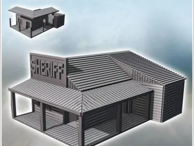 Sheriff building with multi-pitched roof awning on a wooden plat 3D print model