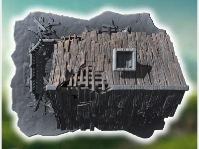 Ruined wooden building with a damaged upper floor broken porch a 3D print model