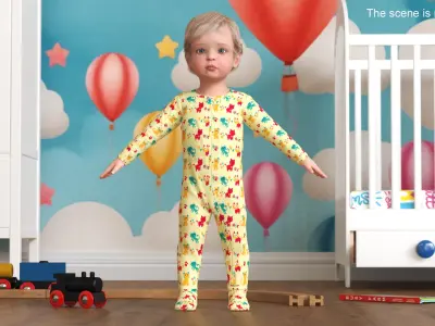  Toddler Aged 1 Year in Pajamas A-Pose 