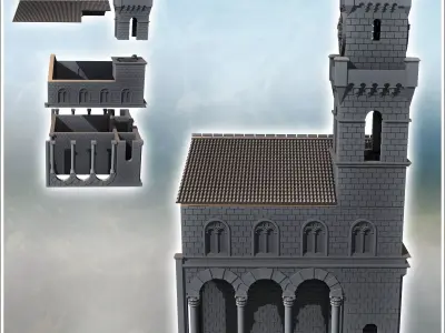 Large classical tile-roofed building with stone walls clock towe 3D print model