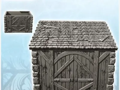 Stone half-timbered annex with large wooden door and tile roof 1 3D print model