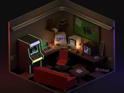 low poly 90S RETRO GAMING AND HACKER ROOM  Free 3D model