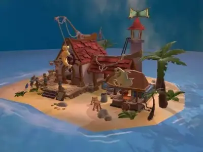 Stylish village island Low-poly 3D model