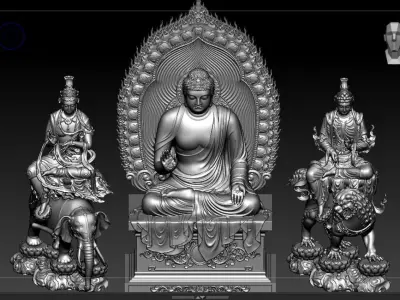 Buddha and Bodhisattvas Manjushri and Samantabhadra Bodhisattva 3D print model