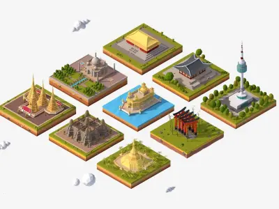 Cartoon Low Poly Asia Landmarks Pack Low-poly 3D model