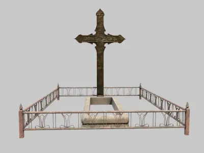 Fenced Grave With Old Brass Cross Low-poly 3D model