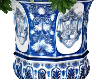 Bouquet yellow flowers Faience pot vase urn planters decoration 3D model