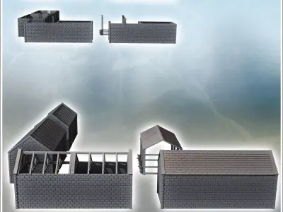Set of four cinder block buildings with a roofed canopy 12 - Mod 3D print model