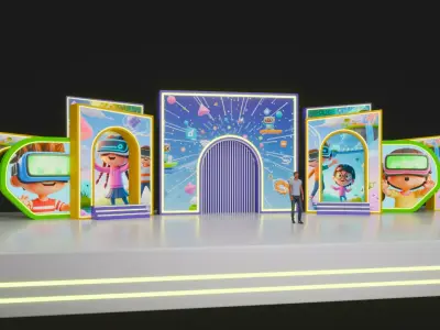 VR Kids Tech Event Stage Set 3D Model and Cartoon Backdrop 3D model