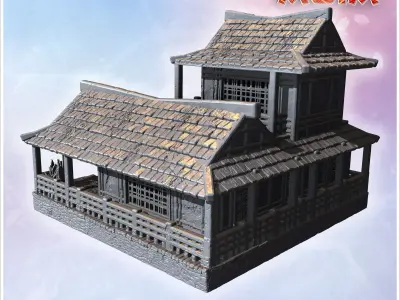 Two-story wooden house with large porch tiled roof and decorativ 3D print model