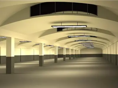 Warehouse long hallway with arches and lights Low-poly 3D model