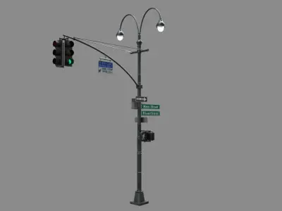 LowPoly Traffic light with street lamp Low-poly 3D model