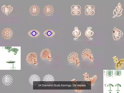 24 Diamond Studs Earrings 3D Model Pack