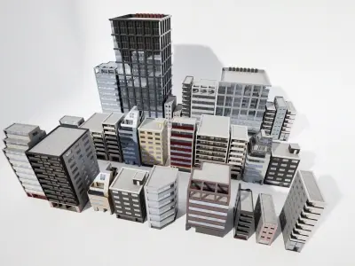 Japanese Office Buildings 01 - Background Buildings Low-poly 3D model