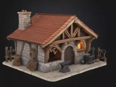 Stylized Fantasy Blacksmith Forge Game-Ready Building Low-poly 3D model