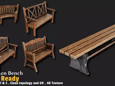 5 Wooden Bench Game Ready Low-poly 3D model