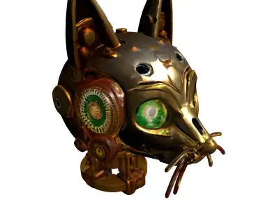Golden Steampunk Robotic Cat Head Low-poly 3D model
