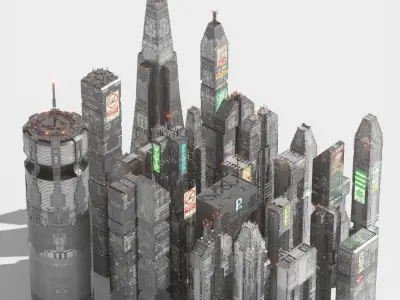 Sci-Fi Cyberpunk Low Poly Building Kit Bash - C4D Octane 3D model