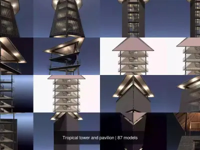 Tropical tower and pavilion 3D Model Pack