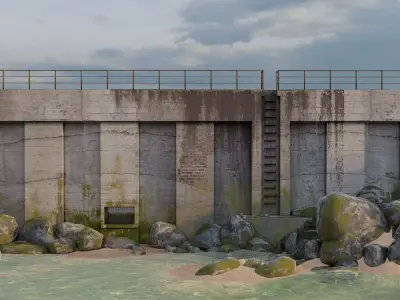 Abandoned Concrete Ship Hangar with Stairs and Sea Wall Low-poly 3D model