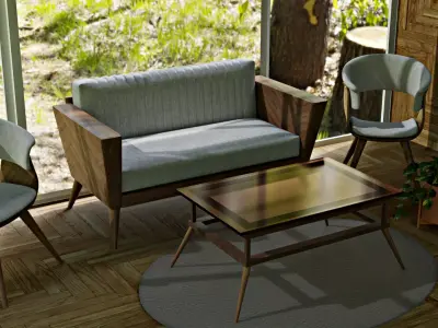 modern living room include modern wood chair and wooden sofa 3D model