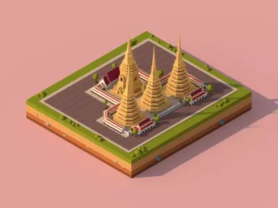 Cartoon Lowpoly Wat Pho Buddhist Temple Low-poly 3D model