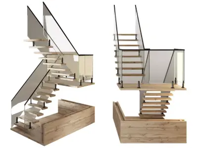 Wooden staircase with glass railing 3D model