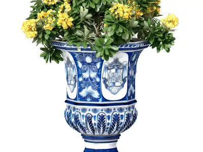 Bouquet yellow flowers Faience pot vase urn planters decoration 3D model
