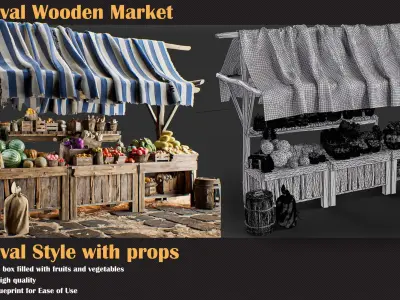 Medieval Wooden Market Pack  Set 1 With Props 3D model