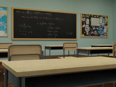Classroom with chairs and blackboard Low-poly 3D model