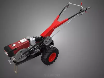 RED DIESEL ENGINE HAND WALKING TRACTOR POWER TILLER MACHINE FARM 3D model