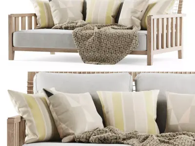 Double wooden garden sofa with plaid 3D model