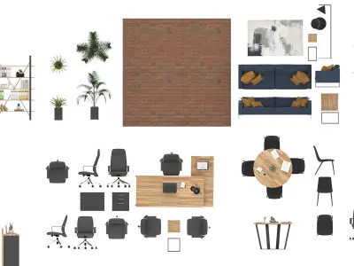 Floor Plan 2D office  furniture top view 3D render realistic p1 3D model