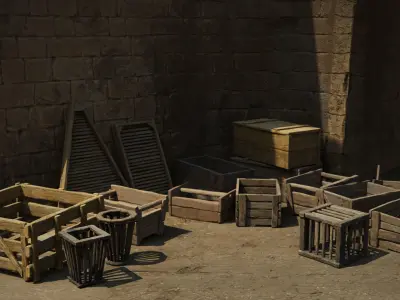 Medieval square-shaped wooden basket Low-poly 3D model