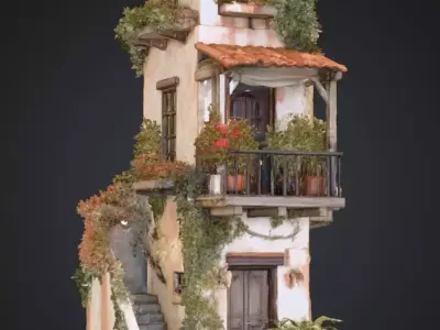 Mediterranean Two Story Villa with Flowers Ivy Game Ready Asset Low-poly 3D model