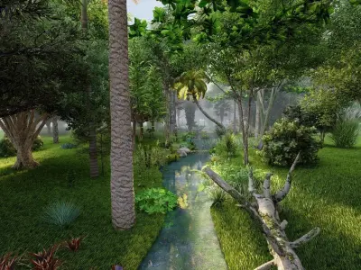 Forest jungle with bridge and trees Low-poly 3D model