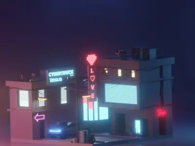 Cyberpunk city 3D street under a lamp in the evening Low-poly 3D model