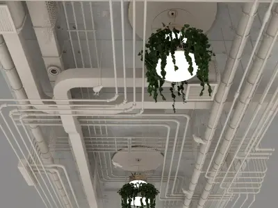 Pipes industrial ceiling with plants chandelier 3D model