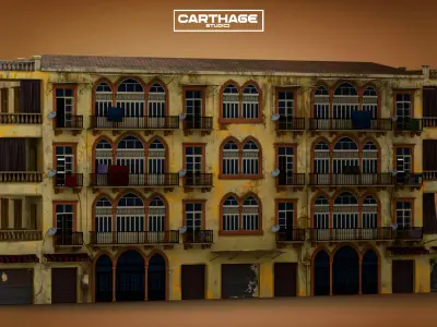Neoclassical Aged Facade Apartment with Balconies and Shops Low-poly 3D model