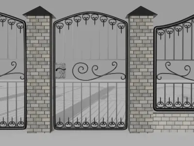 Iron  fence with bricks column 3D model